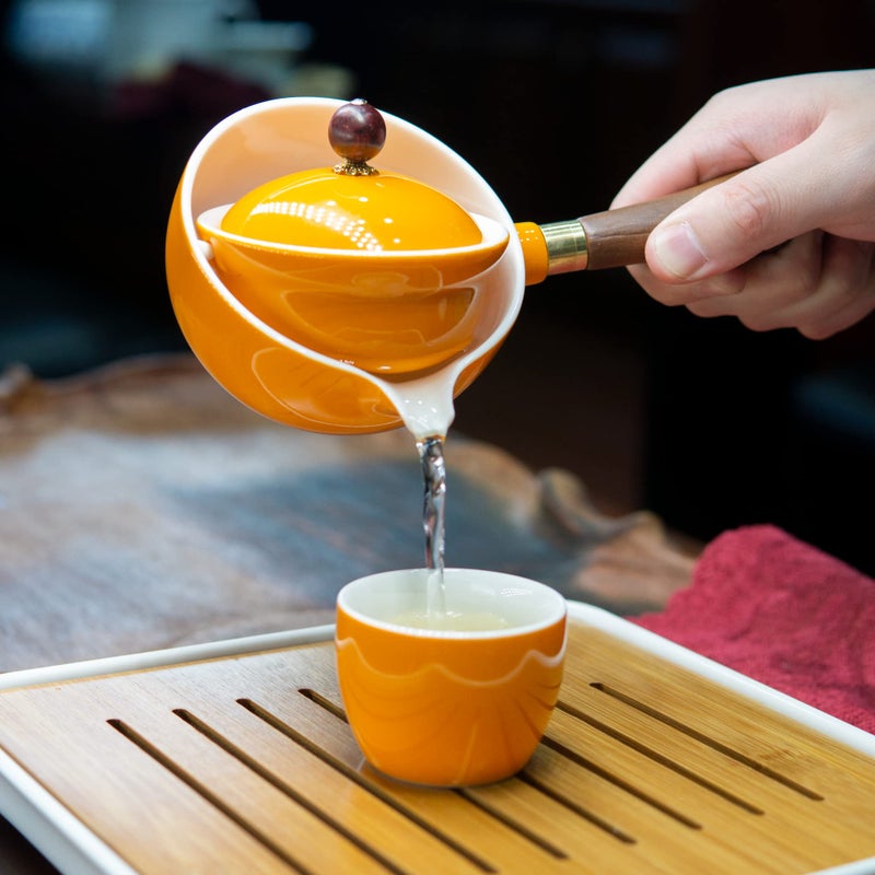 LURRIER Porcelain Chinese Gongfu Tea Set Portable Teapot Set with 360 Rotation Tea maker and Infuser Portable All in One Gift Bag for Travel Home Gifting Outdoor and Office(Orange) - Image 4